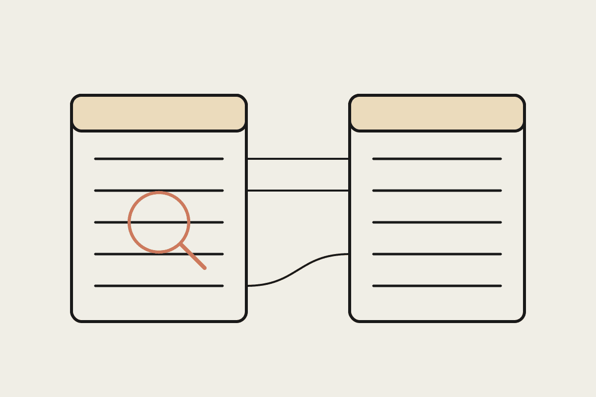 Notebook illustration of two ledgers being matched, with one mismatched row circled by a magnifying glass