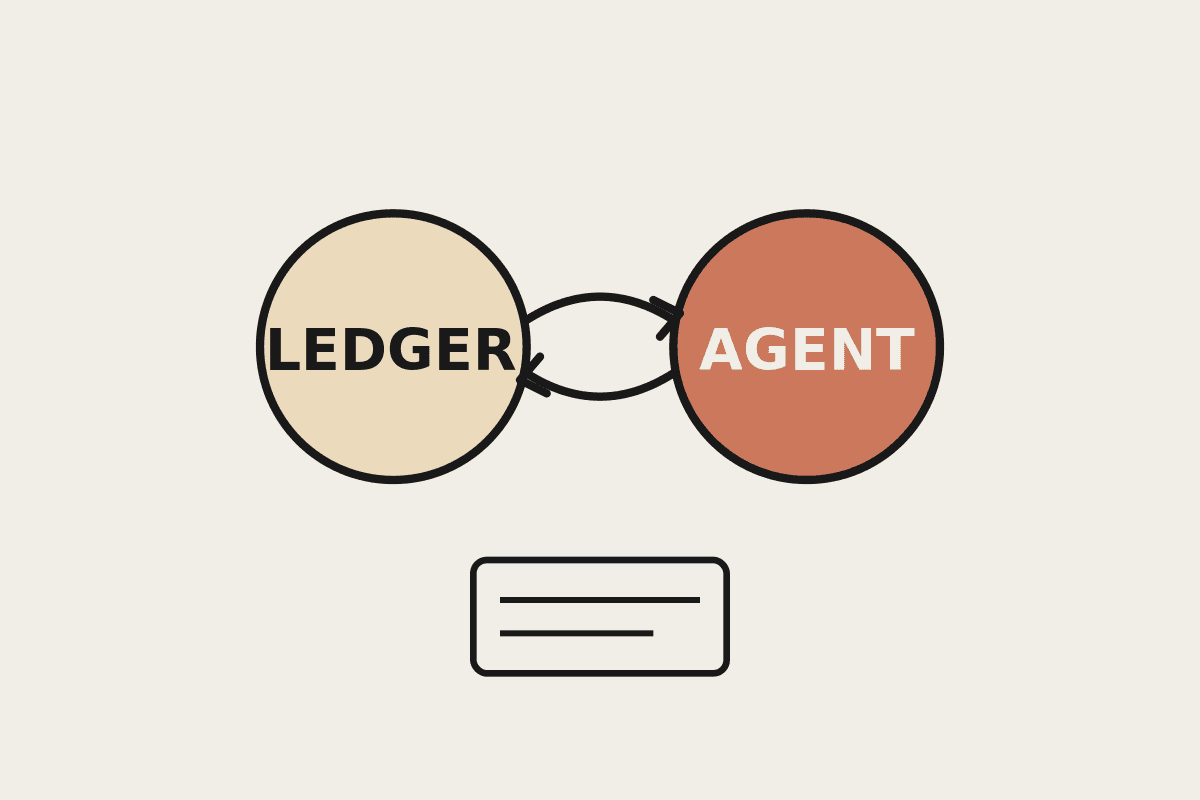 Notebook illustration of two linked nodes joined by a bridge, one tan and one terracotta, with a small ledger beneath