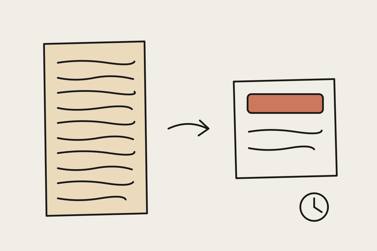 Notebook sketch: a long scroll of text beside a short card with its key line highlighted, showing Claude Opus 5.5 putting answers first