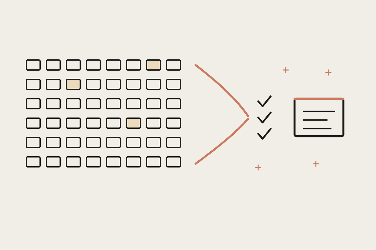 Notebook sketch: a wide grid of model boxes narrowing through a funnel past three ticks to one shortlisted model