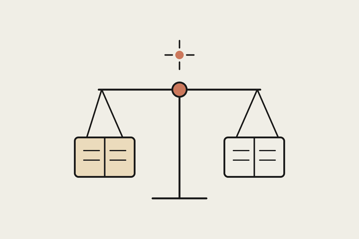 Notebook sketch of a balance scale weighing two account ledgers with a Claude spark above the pivot