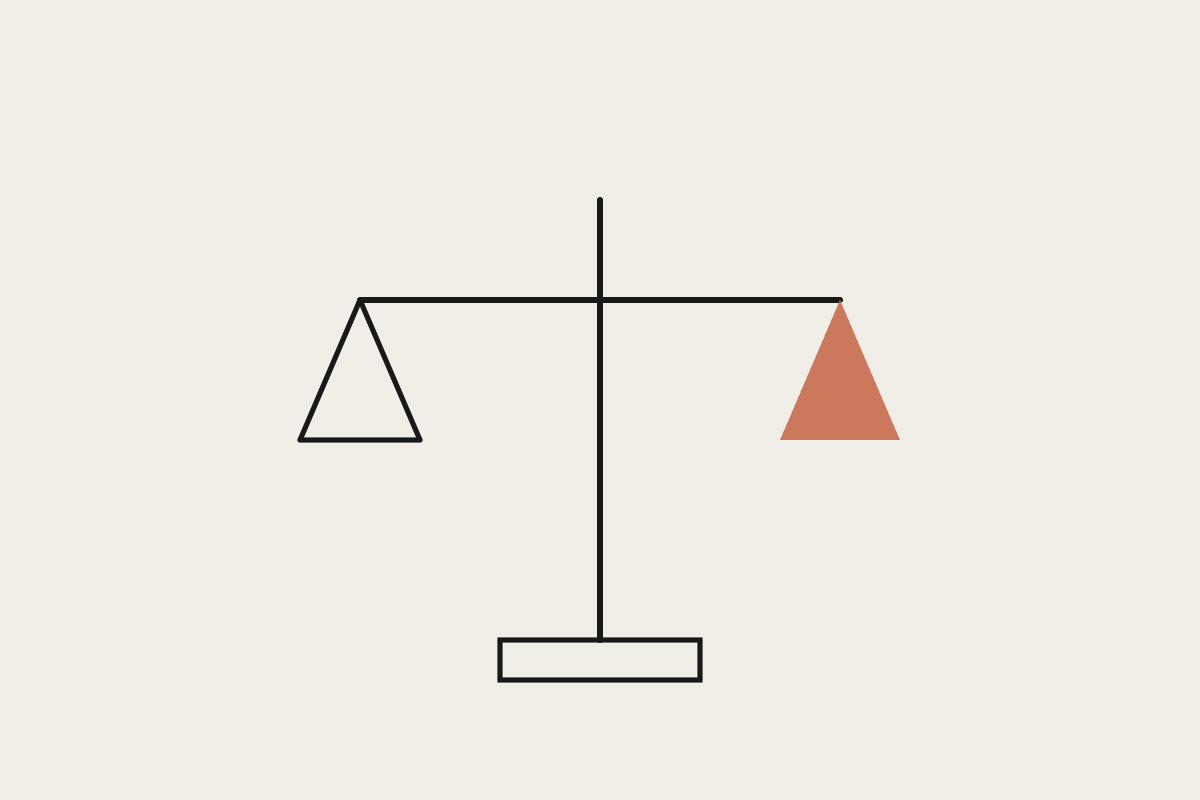 Notebook sketch of a balance scale with a terracotta pan, representing cost tradeoffs