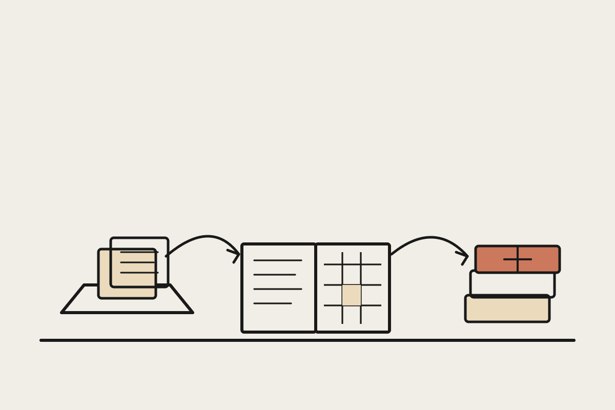 Notebook sketch of a barristers' clerk desk routing briefs from an inbox tray through a diary to a terracotta brief stack.