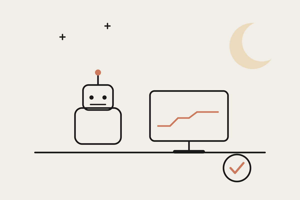 Notebook sketch of a calm robot at a desk under a crescent moon, beside a steady line and a tick, signalling a reliable overnight AI agent.