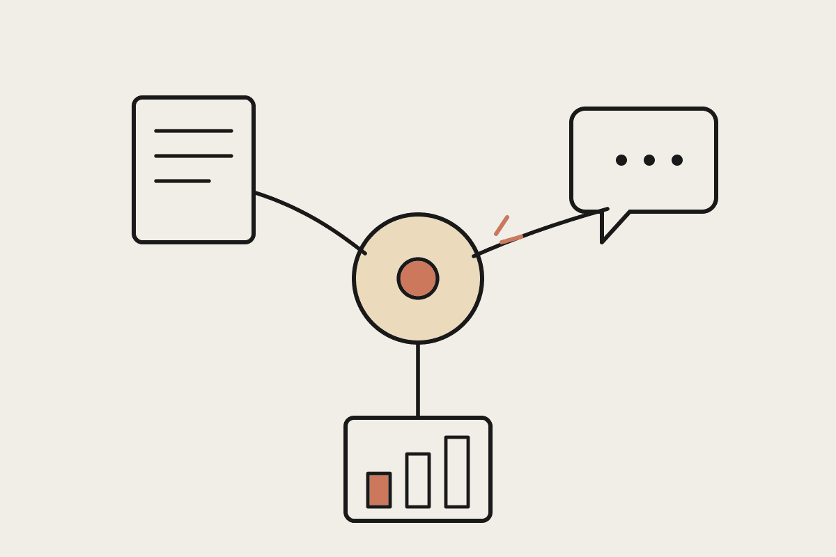 Notebook sketch of a central plugin hub wired to a document, a speech bubble, and a bar chart