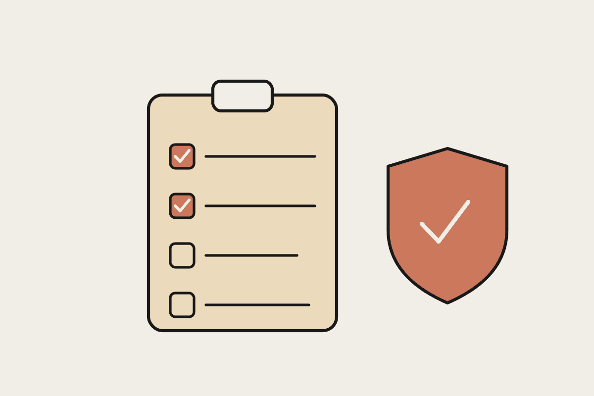 Notebook sketch of a clipboard with a ticked checklist beside a compliance shield.