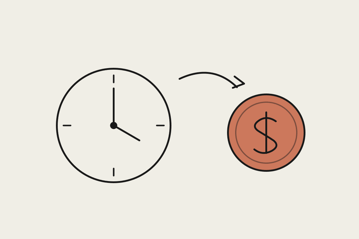 Notebook sketch of a clock beside a large terracotta dollar coin, with an arrow showing hours shrinking toward value