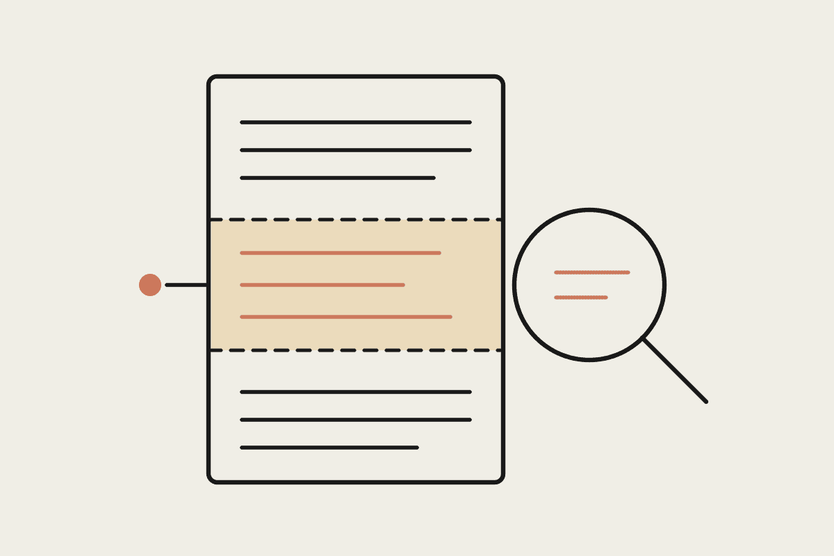 Notebook sketch of a document page with its middle section marked out and a magnifying glass held over it
