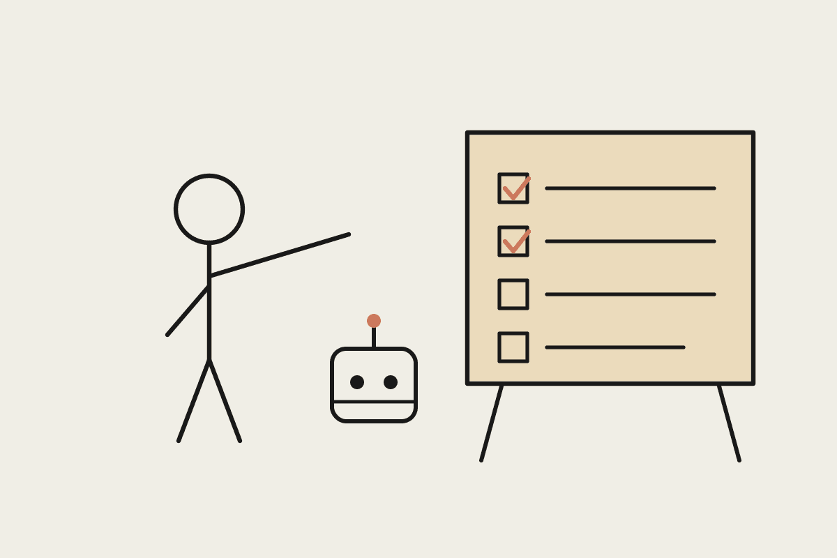 Notebook sketch of a facilitator pointing at a checklist board with ticked items and a friendly robot