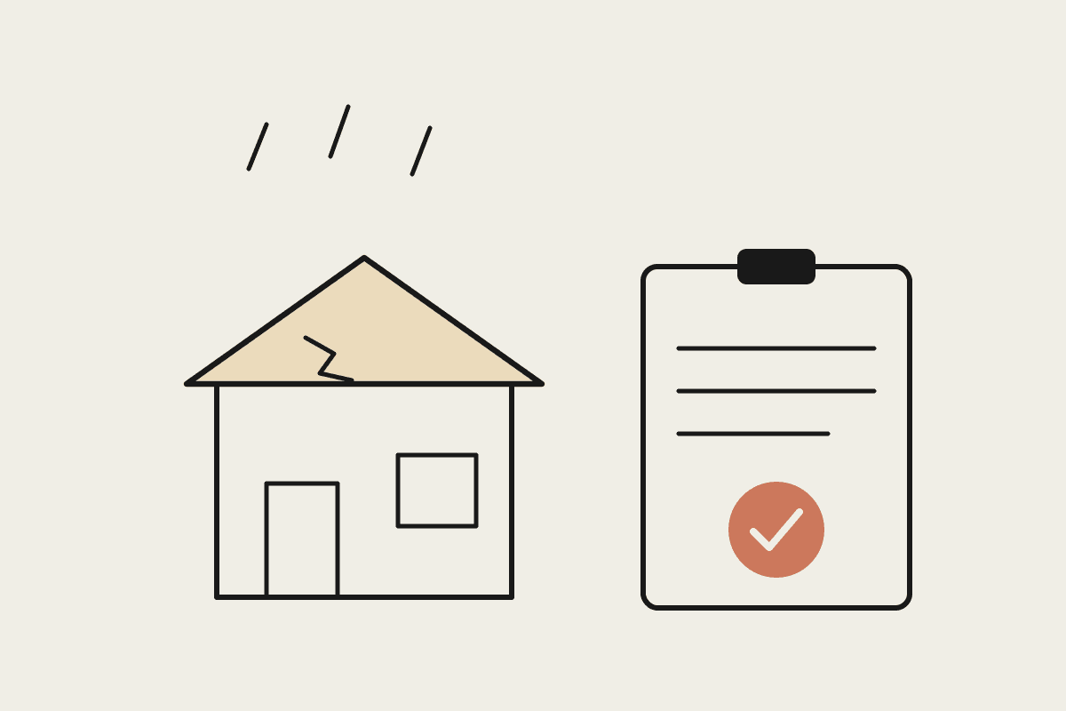 Notebook sketch of a hail-damaged roof beside an insurance claim document with an approved tick