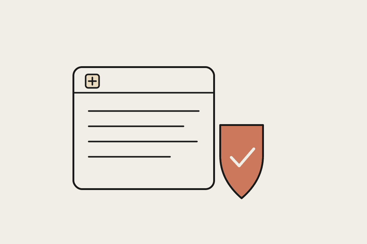 Notebook sketch of a health record card beside a terracotta privacy shield with a tick