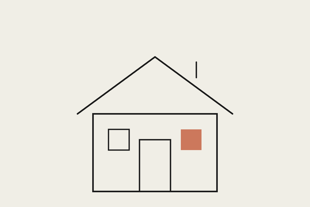Notebook sketch of a house with a terracotta window