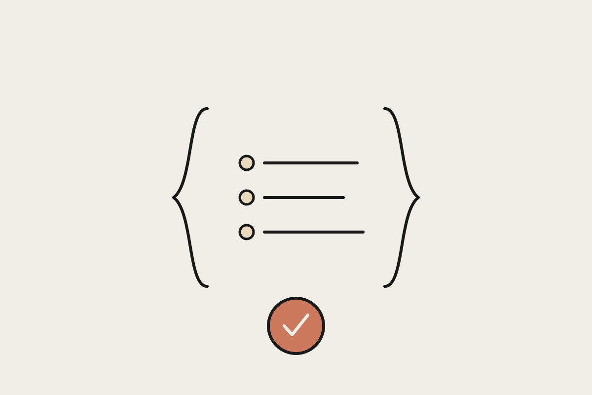 Notebook sketch of a JSON object in curly braces with neat key-value rows and a terracotta validation seal
