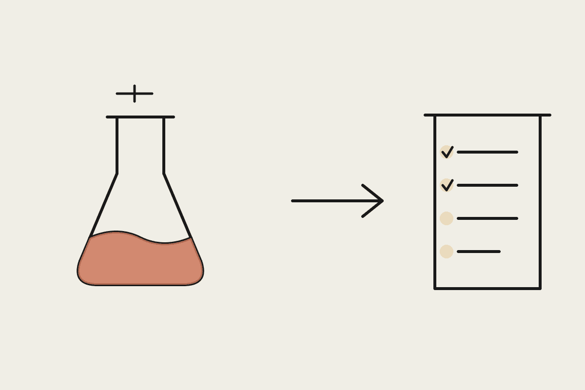 Notebook sketch of a lab flask beside a checklist of approval gates