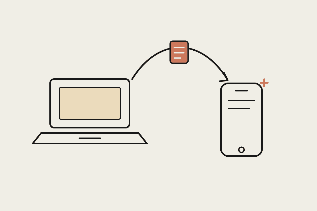 Notebook sketch of a laptop handing a task to a phone with a terracotta document travelling between them