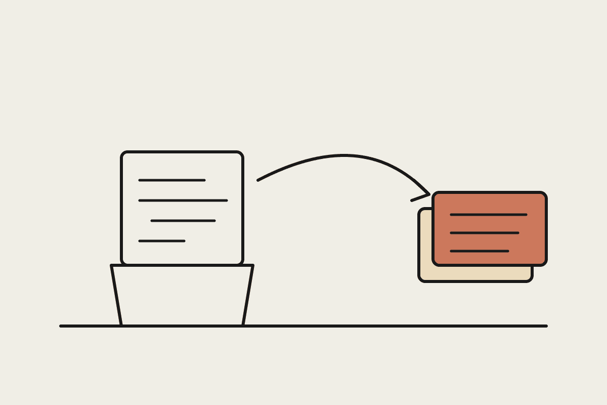 Notebook sketch of a laptop with code flowing into a terracotta stack of finished output pages