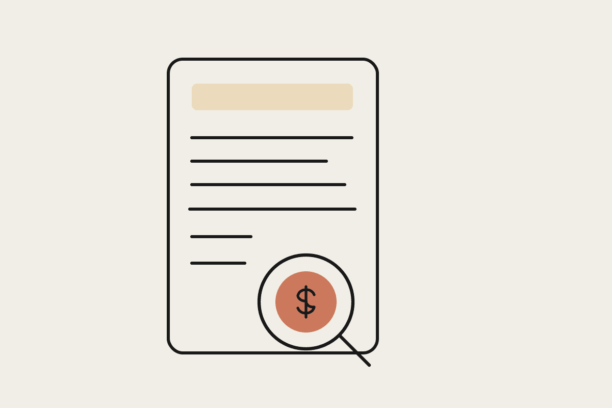 Notebook sketch of a legal costs estimate document with a magnifying glass over a terracotta dollar coin