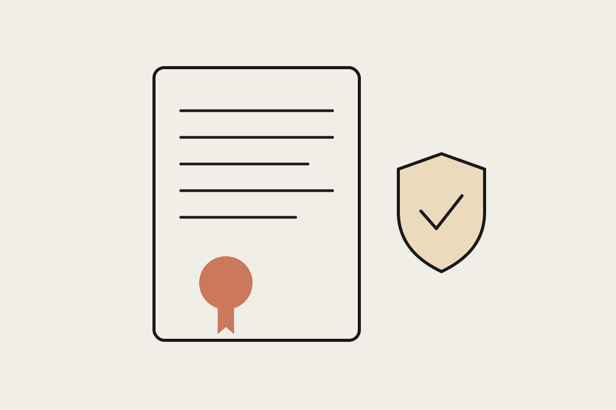 Notebook sketch of a legal document with a terracotta seal beside a shield with a tick