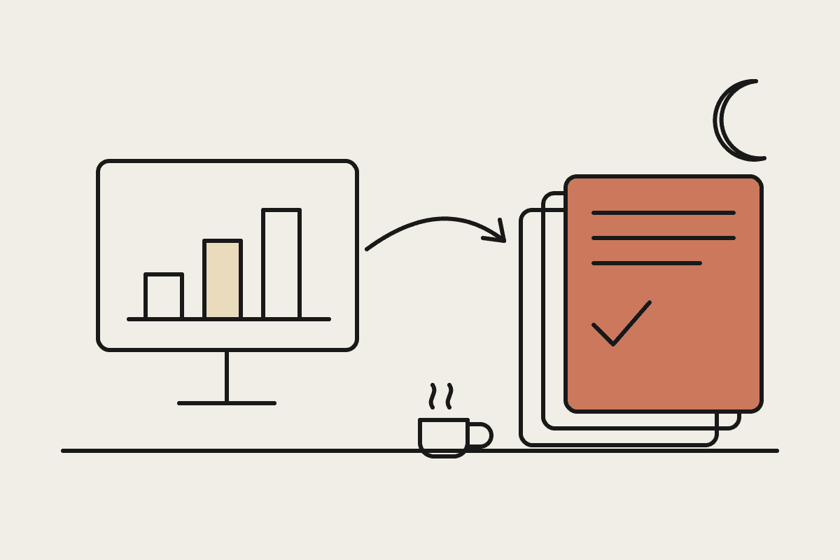 Notebook sketch of a monitor showing a bar chart flowing into a finished client report, with a crescent moon overhead