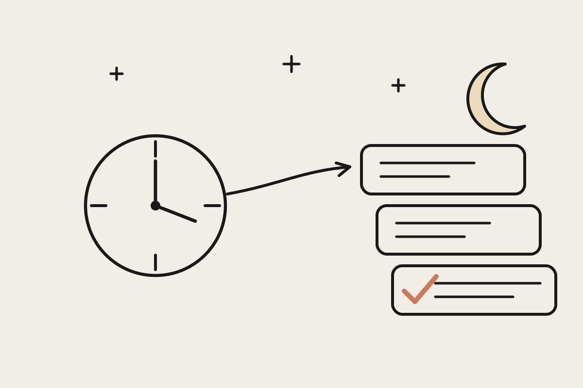 Notebook sketch of a night clock feeding into a stack of task cards with a terracotta tick