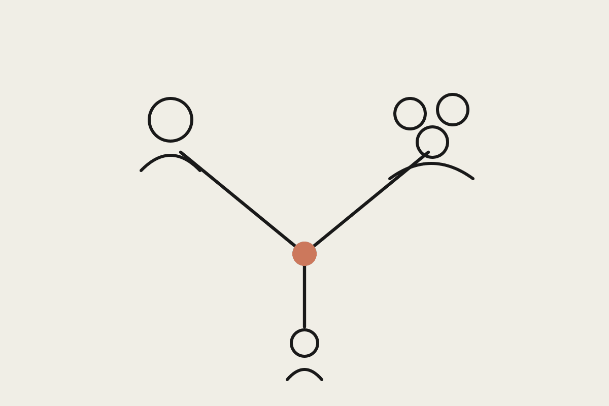 Notebook sketch of a path forking from a lone advisor on one side to a team of three on the other, with a terracotta decision point and a small figure deciding at the base.