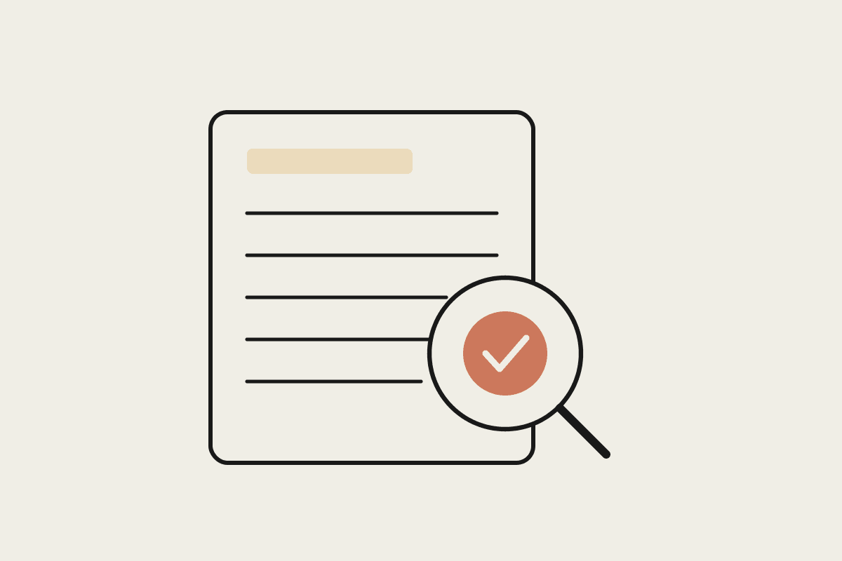 Notebook sketch of a payslip under a magnifying glass with a terracotta approval tick