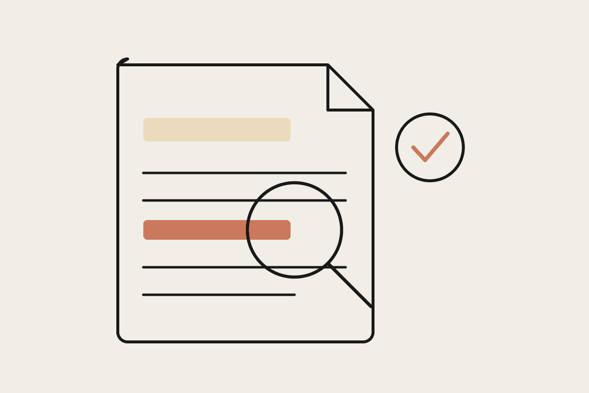 Notebook sketch of a payslip with one award line highlighted in terracotta under a magnifying glass, and a tick mark for human sign-off.