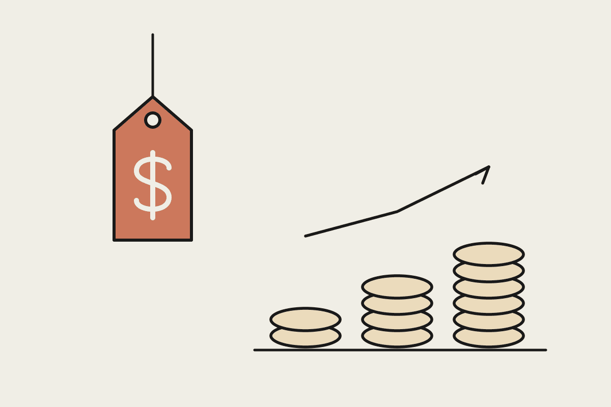Notebook sketch of a price tag beside three rising stacks of coins, showing AI automation cost tiers.