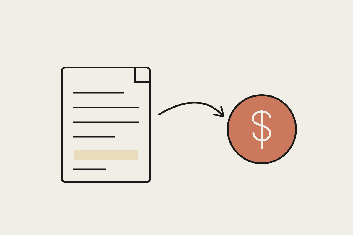 Notebook sketch of a proposal document with an arrow looping to a terracotta dollar coin