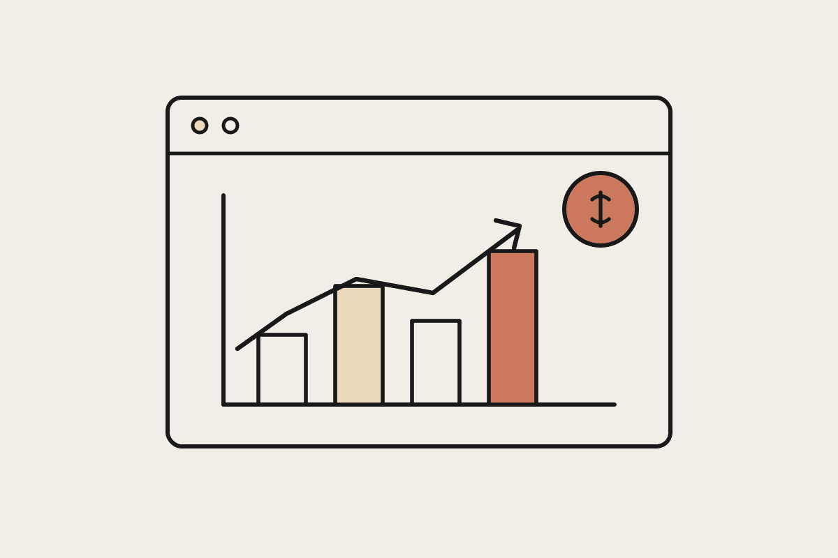 Notebook sketch of a quarterly review board with a rising bar chart and a dollar coin