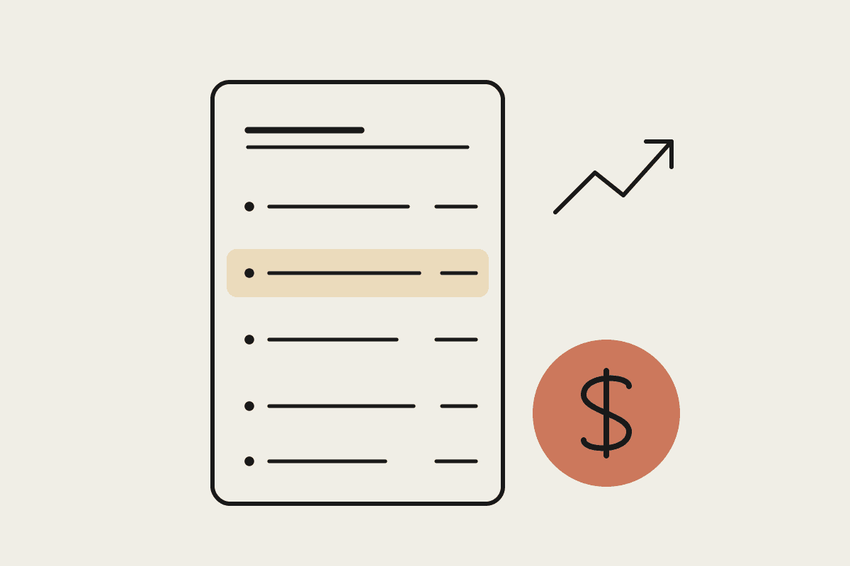 Notebook sketch of a restaurant menu card beside a terracotta margin coin and a rising profit arrow