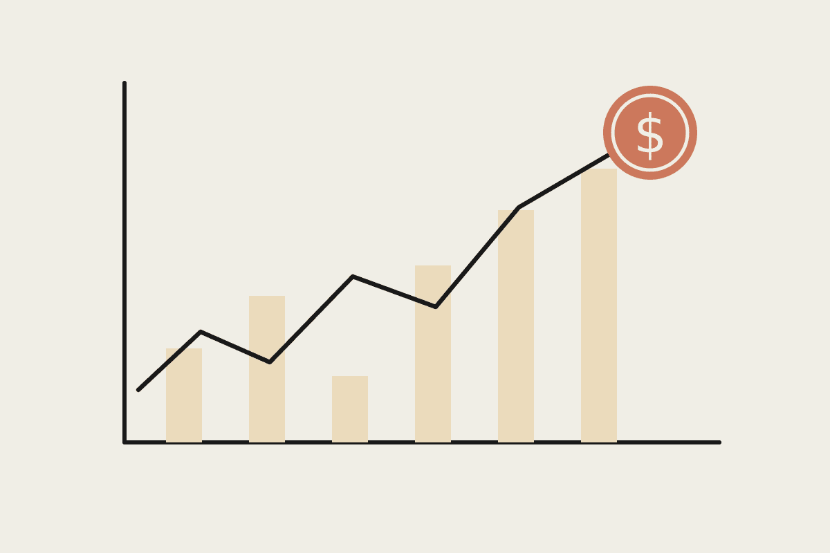 Notebook sketch of a rising 13-week cash-flow line ending at a terracotta dollar coin