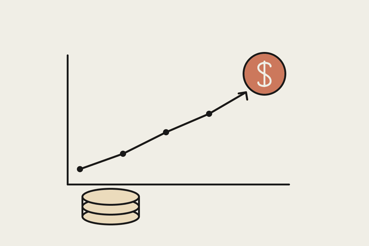 Notebook sketch of a rising budget line ending in a terracotta dollar coin, with a stack of tan coins