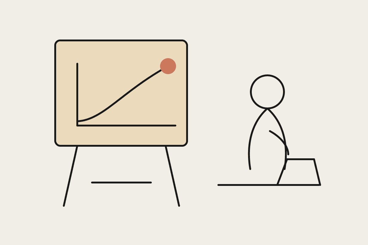 Notebook sketch of a rising learning curve on an easel next to a person working at a laptop, with a terracotta dot marking a training milestone.