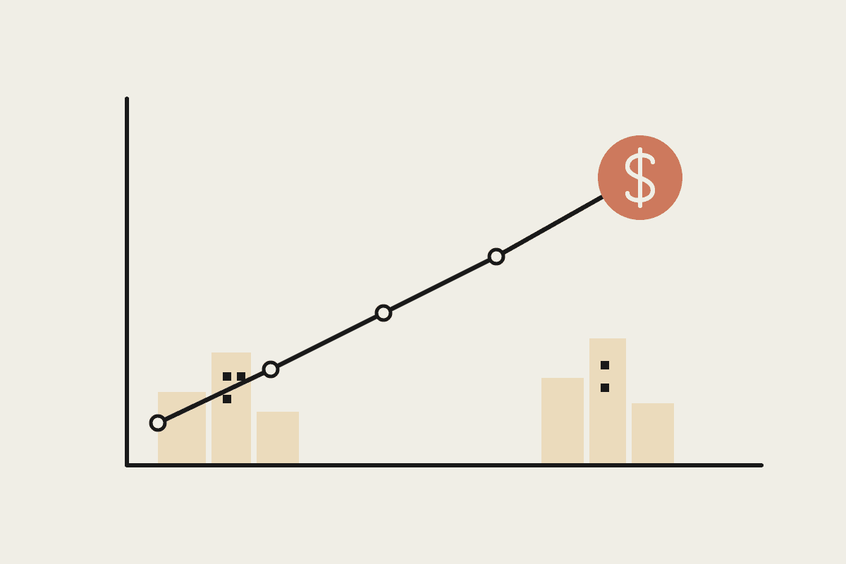 Notebook sketch of a rising value line above a Brisbane skyline, ending at a terracotta dollar coin.