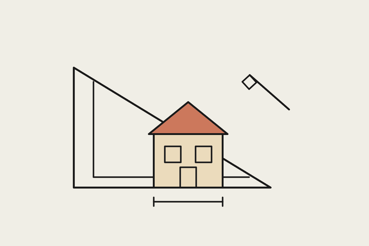 Notebook sketch of a set square, a building elevation with a terracotta roof, a pencil and a dimension line