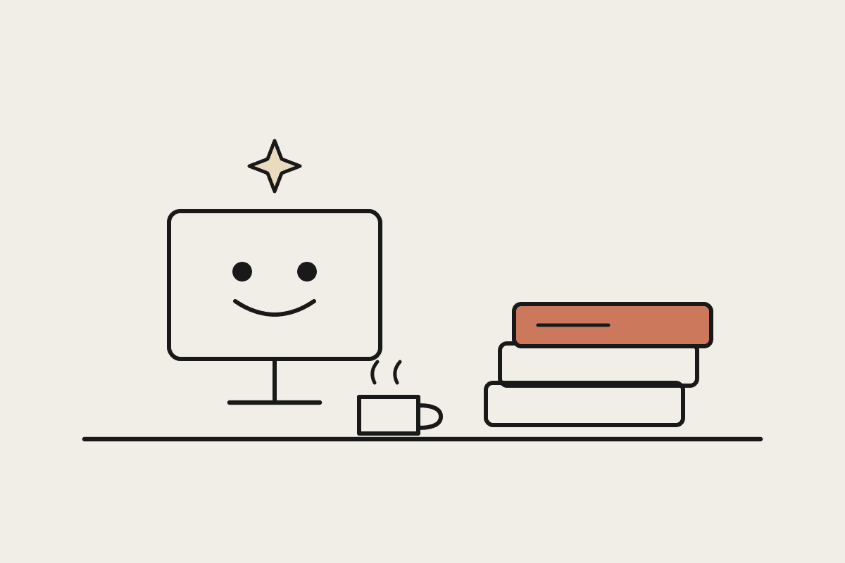Notebook sketch of a solo accountant's desk with a monitor, a stacked set of ledgers, and a coffee mug