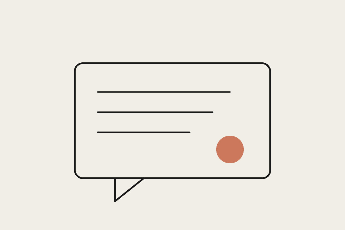 Notebook sketch of a speech bubble with terracotta accent, representing reviews and comms