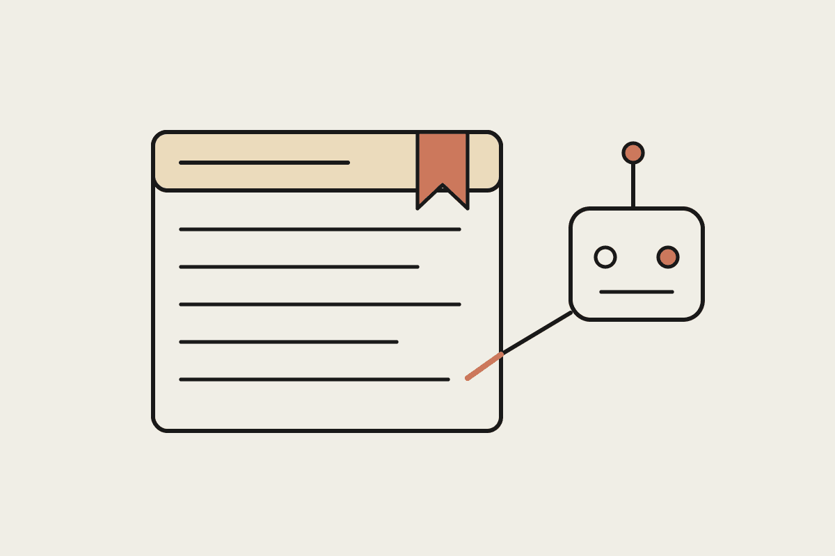 Notebook sketch of a style-guide card with a terracotta bookmark beside a small robot holding a pen