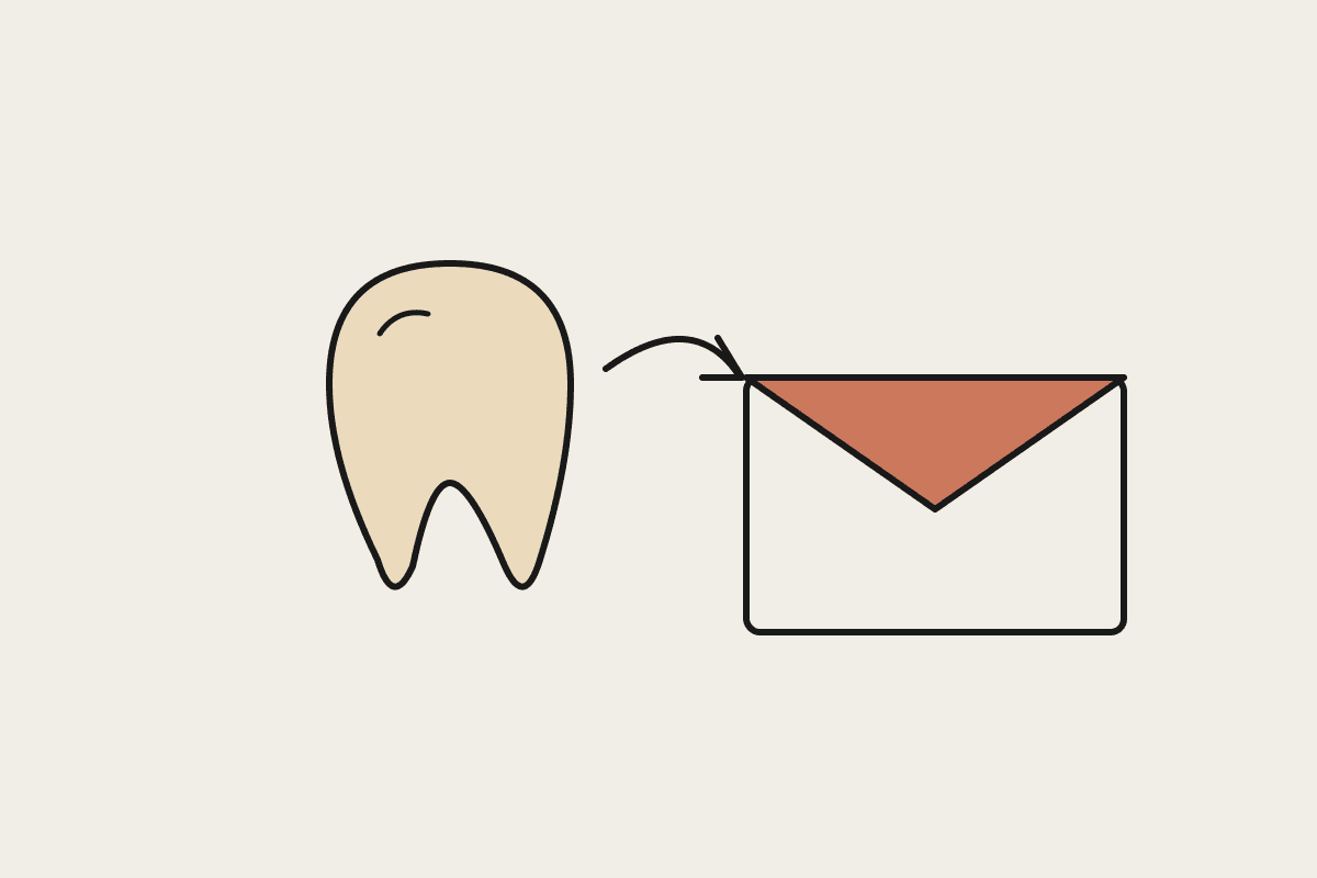 Notebook sketch of a tooth beside an envelope, representing dental recall and referral letters