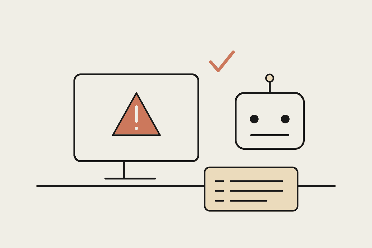 Notebook sketch of an incident console: an alert screen, a friendly robot, and an approval checklist