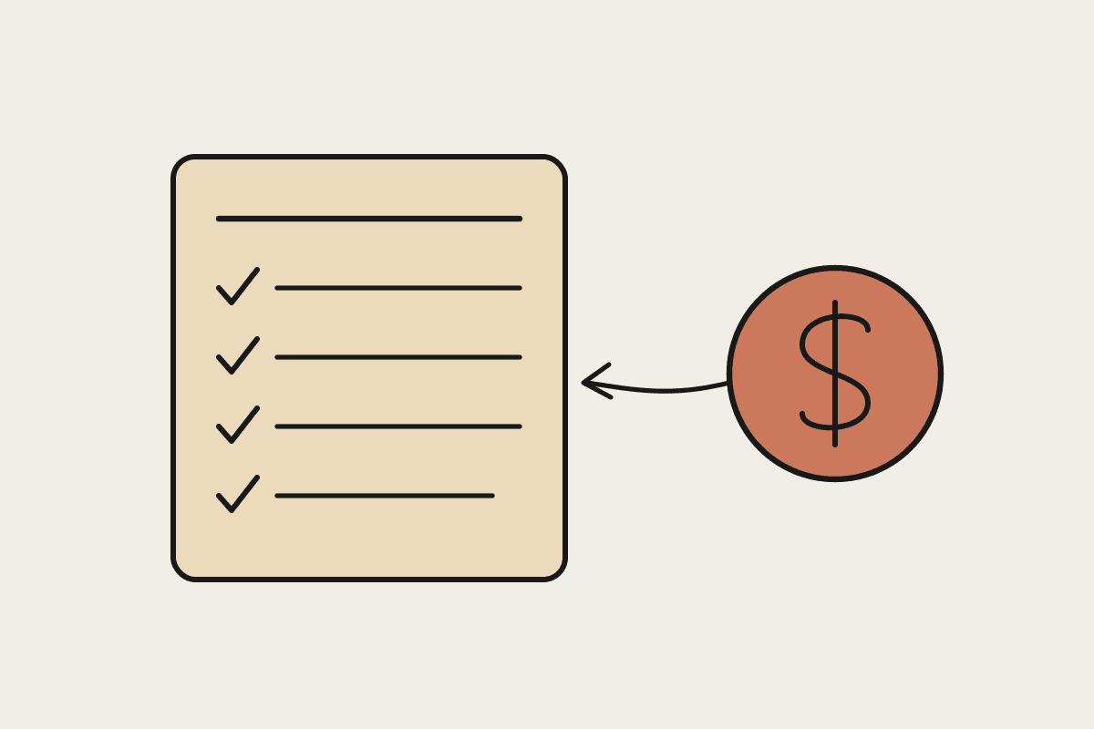 Notebook sketch of an itemised services checklist beside a terracotta dollar coin