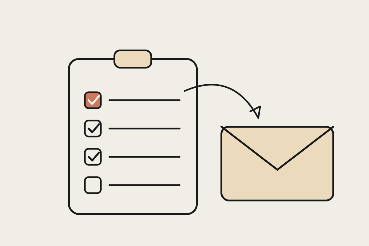 Notebook sketch of an onboarding checklist clipboard with one step ticked in terracotta and a welcome letter envelope.