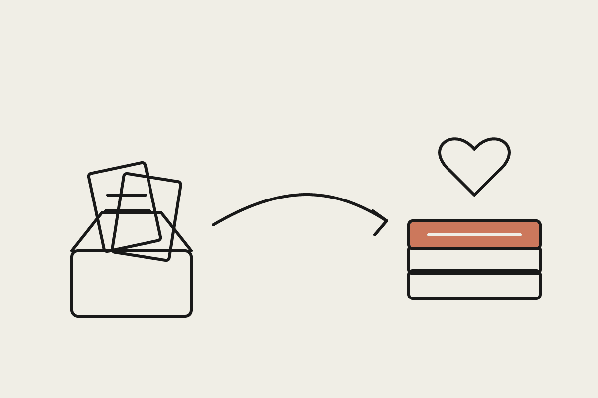 Notebook sketch of loose paperwork flowing into a neat organised stack beside a care heart.