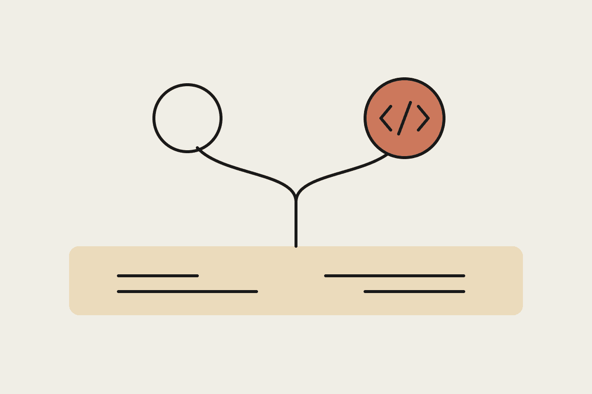 Notebook sketch of one open-weight model line branching into a specialised code variant, highlighted in terracotta with a code-bracket glyph