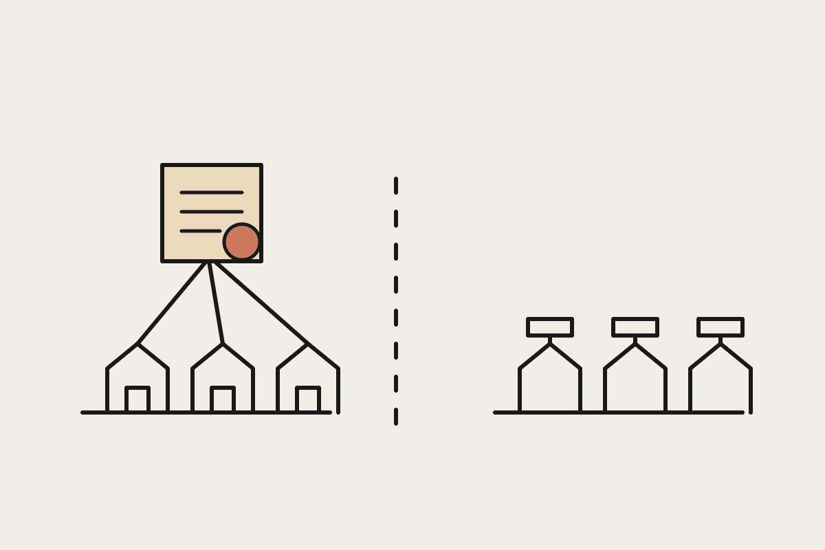 Notebook sketch of one sealed agreement serving three schools, and three schools each with a separate document