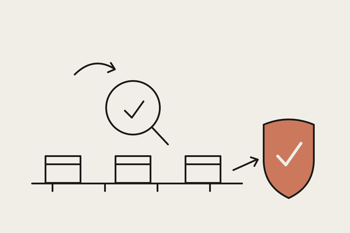 Notebook sketch of packages on a conveyor being inspected before passing a shield