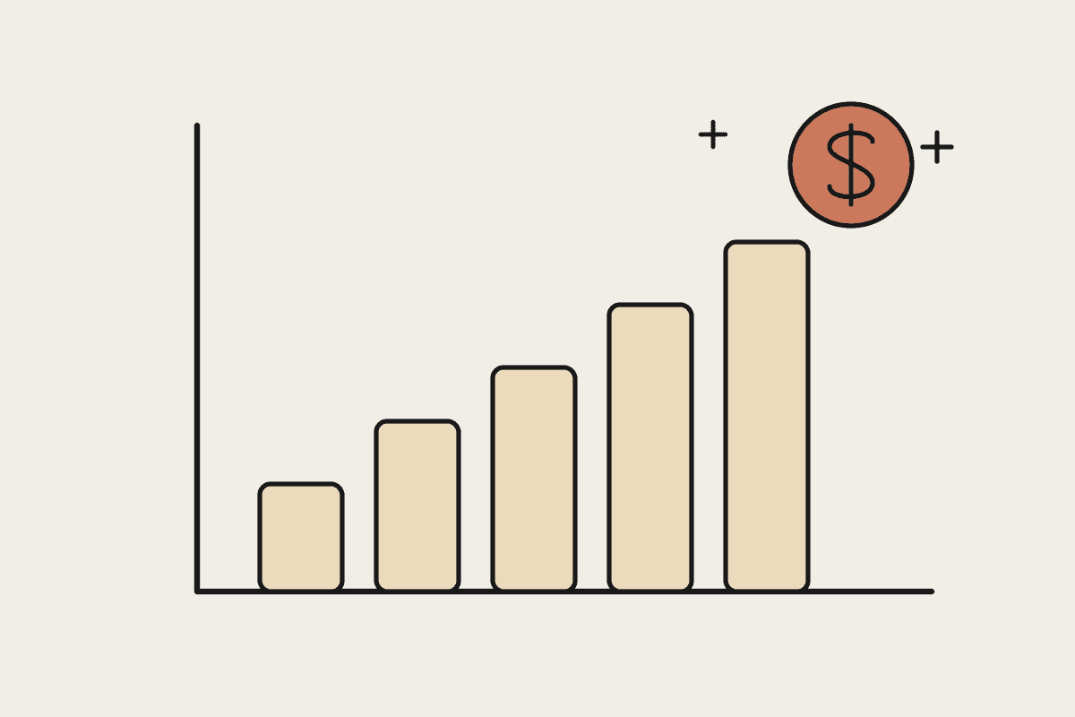Notebook sketch of rising bars beside a terracotta dollar coin, showing advisory revenue scaling.