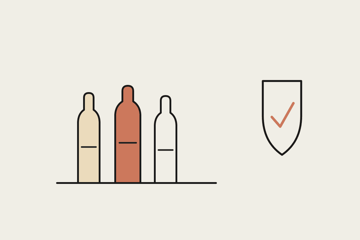 Notebook sketch of three bottle-shop bottles on a shelf beside a compliance shield with a tick