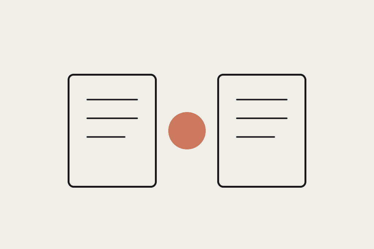 Notebook sketch of two comparison panels with a terracotta circle between them